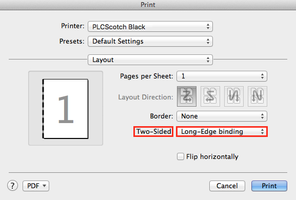 default single-sided printing in word for mac